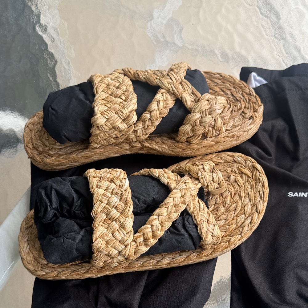 Saint Laurent Natural Raffia Braided Slide Sandals - Picture 7 of 8